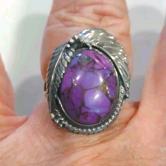 Native American Jewelry - Native American Sterling Silver Purple Turquoise Stone Leaf Ring Sz 6.75